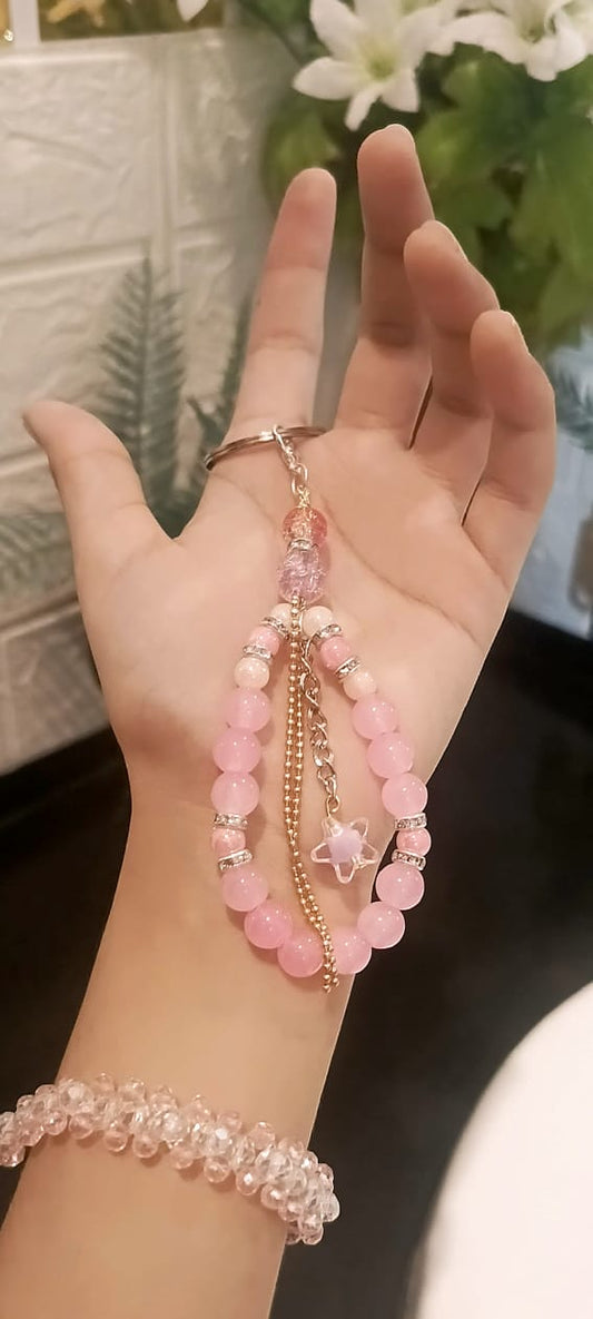 Pink Crystal Beaded Keychain with Star Charm